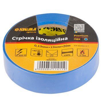 Тремостійка ізоляційна стрічка Premium SIGMA 8411411 ПВХ 0.13мм&times;19мм&times;20м ізолента синя в майстерню SG-8411411 фото